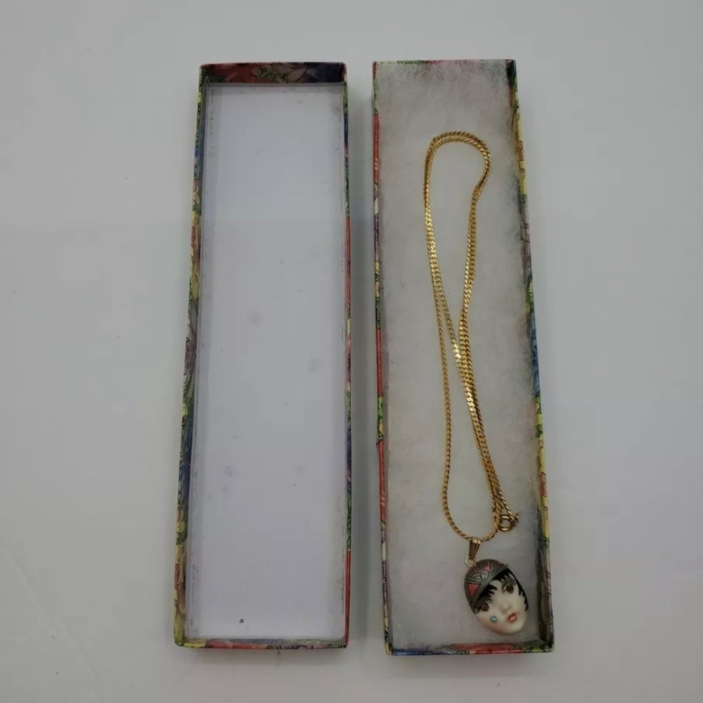 Adagio Jewelry | Vintage Porcelain Face Swarovski Crystal Necklace w/ Gold Chain